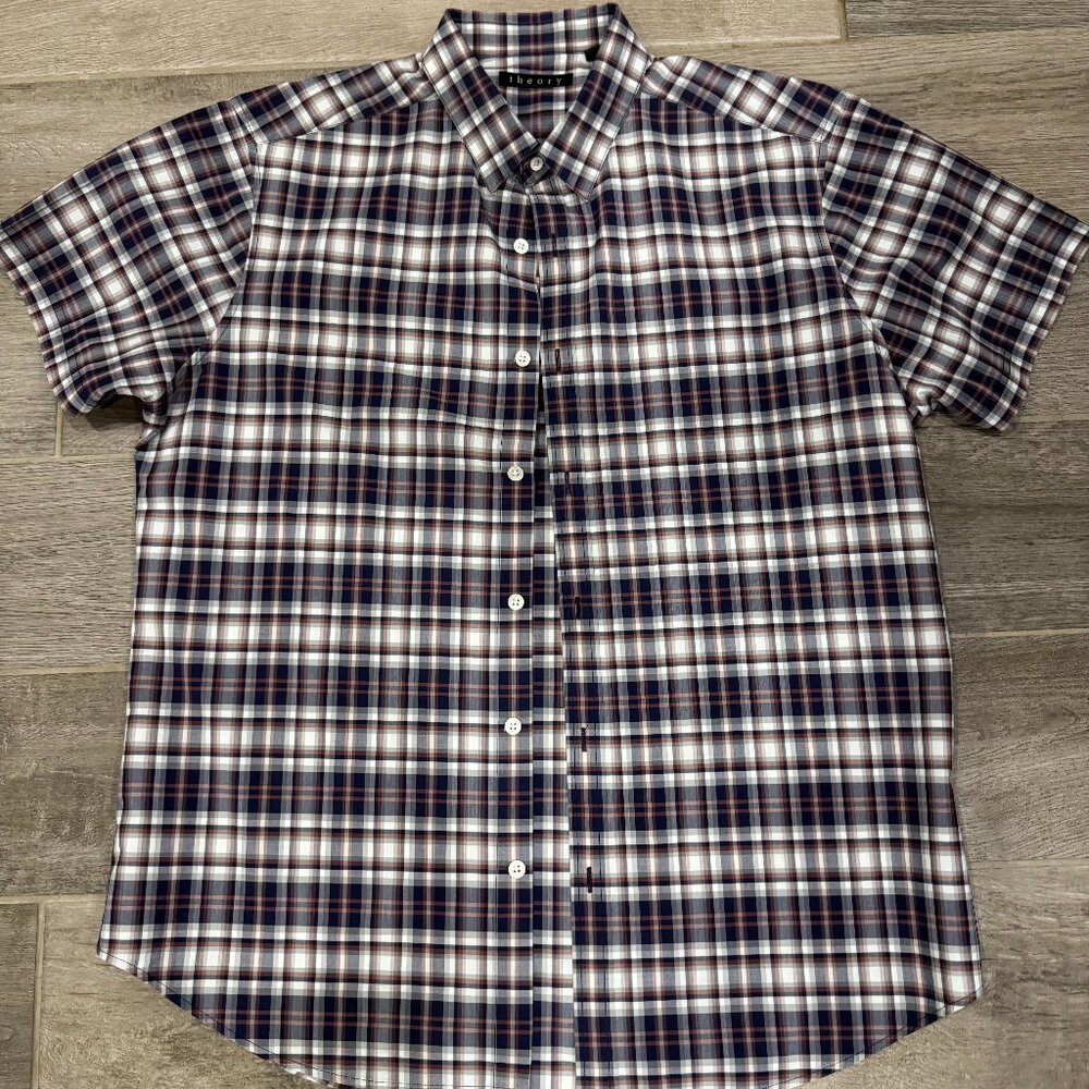 Theory‎ Men’s Plaid Short Sleeve Button-Down Shirt | Size L | Navy Brown White